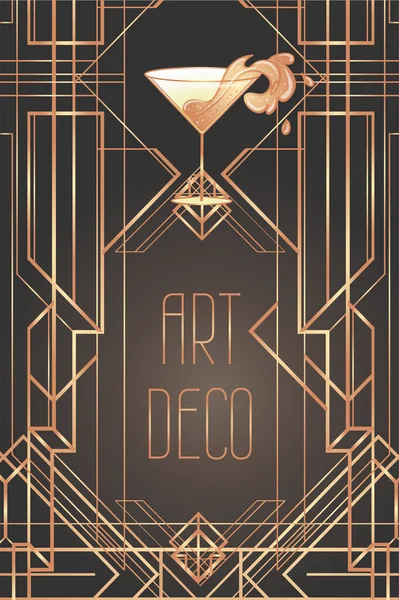 Copo Art Deco com respingo em estilo 1920. design de modelo de convite vintage para lista de bebidas, menu de bar, evento de glamour —  Vetores de Stock