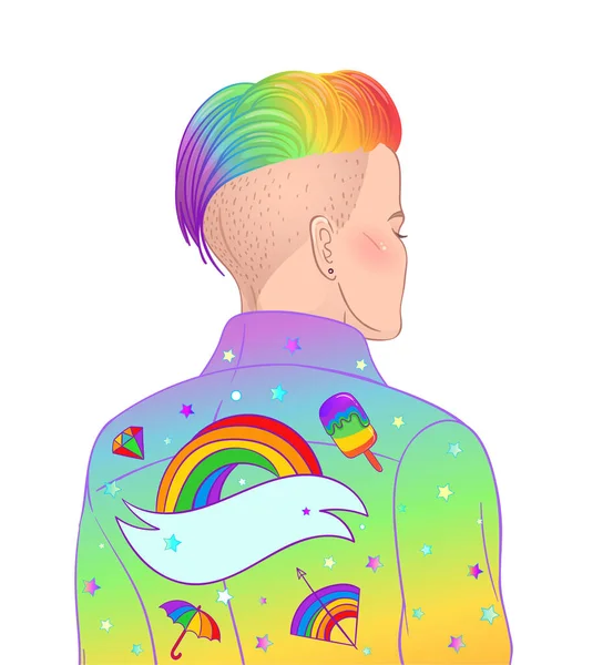 Retrato de una mujer joven y bonita con un corte corto de pixie afeitado. Arco iris símbolos LGBT como alfileres o parches en su espalda. Ilustración vectorial aislada. — Vector de stock