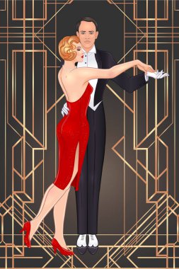 Art Deco klasik davetiye şablonu tasarımı ve flapper Girl tasarımı. desenler ve çerçeveler. Retro parti arka planı