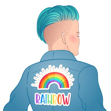 Kısa traşlı peri kesimli güzel bir kadının portresi. Sırtında iğne veya yama şeklinde gökkuşağı LGBT sembolleri var. Vektör çizimi izole edildi.