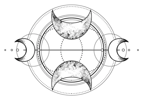 Triple lune païenne Wicca lune déesse symbole. Déesse à trois visages. Vierge, Mère, Illustration vectorielle crone. Tatouage, astrologie, alchimie, boho et symbole magique . — Image vectorielle