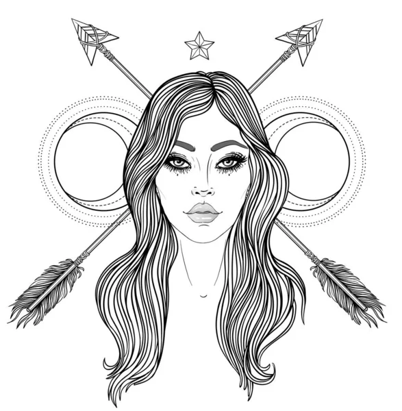 Magische nacht fee met een maan. Met de hand getekend portret van een mooie sjamaan vrouw. Alchemie, religie, spiritualiteit, occultisme, tattoo kunst. Geïsoleerde vectorillustratie. — Stockvector