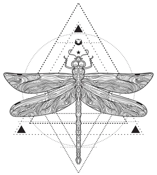 Dragonfly over heilige geometrie teken, geïsoleerde vector illustratie. Tattoo schets. Mystieke symbolen en insecten. Alchemie, occultisme, spiritualiteit, kleurboek. — Stockvector