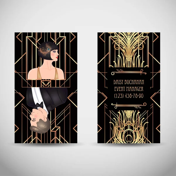 Art Deco vintage invitation template design with illustration of flapper girl. patterns and frames. Retro party background set — Stock Vector