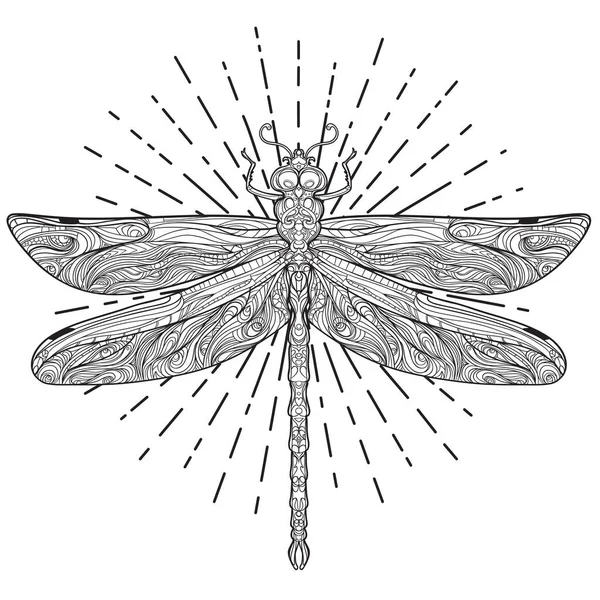 Dragonfly πάνω από ιερό σημείο γεωμετρία, απομονωμένη διανυσματική απεικόνιση. Σχέδιο τατουάζ. Μυστικά σύμβολα και έντομα. Αλχημεία, αποκρυφισμός, πνευματικότητα, βιβλίο ζωγραφικής. — Διανυσματικό Αρχείο