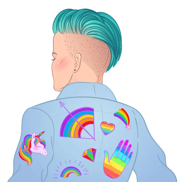 Portret van een jonge mooie vrouw met een kort geschoren elfje. Rainbow LGBT symbolen als spelden of pleisters op haar rug. Vectorillustratie geïsoleerd. — Stockvector