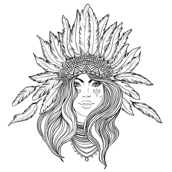 Tribal Fusion Boho Diva. Black and white illustration of Native American Indian girl in traditional feather headdress bonnet. — 스톡 벡터