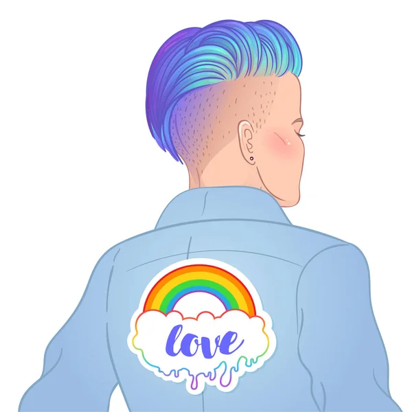 Porträt einer jungen hübschen Frau mit kurz rasiertem Pixie Undercut. Regenbogen-LGBT-Symbole als Anstecknadeln oder Aufnäher auf ihrem Rücken. Vektorabbildung isoliert. — Stockvektor