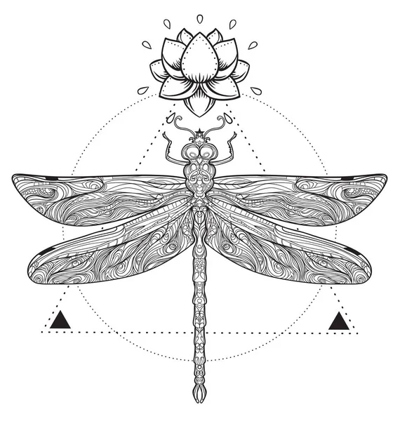 Dragonfly over heilige geometrie teken, geïsoleerde vector illustratie. Tattoo schets. Mystieke symbolen en insecten. Alchemie, occultisme, spiritualiteit, kleurboek. — Stockvector