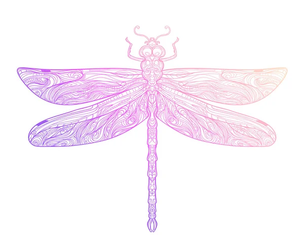 Dragonfly over heilige geometrie teken, geïsoleerde vector illustratie. Tattoo schets. Mystieke symbolen en insecten. Alchemie, occultisme, spiritualiteit, kleurboek. — Stockvector