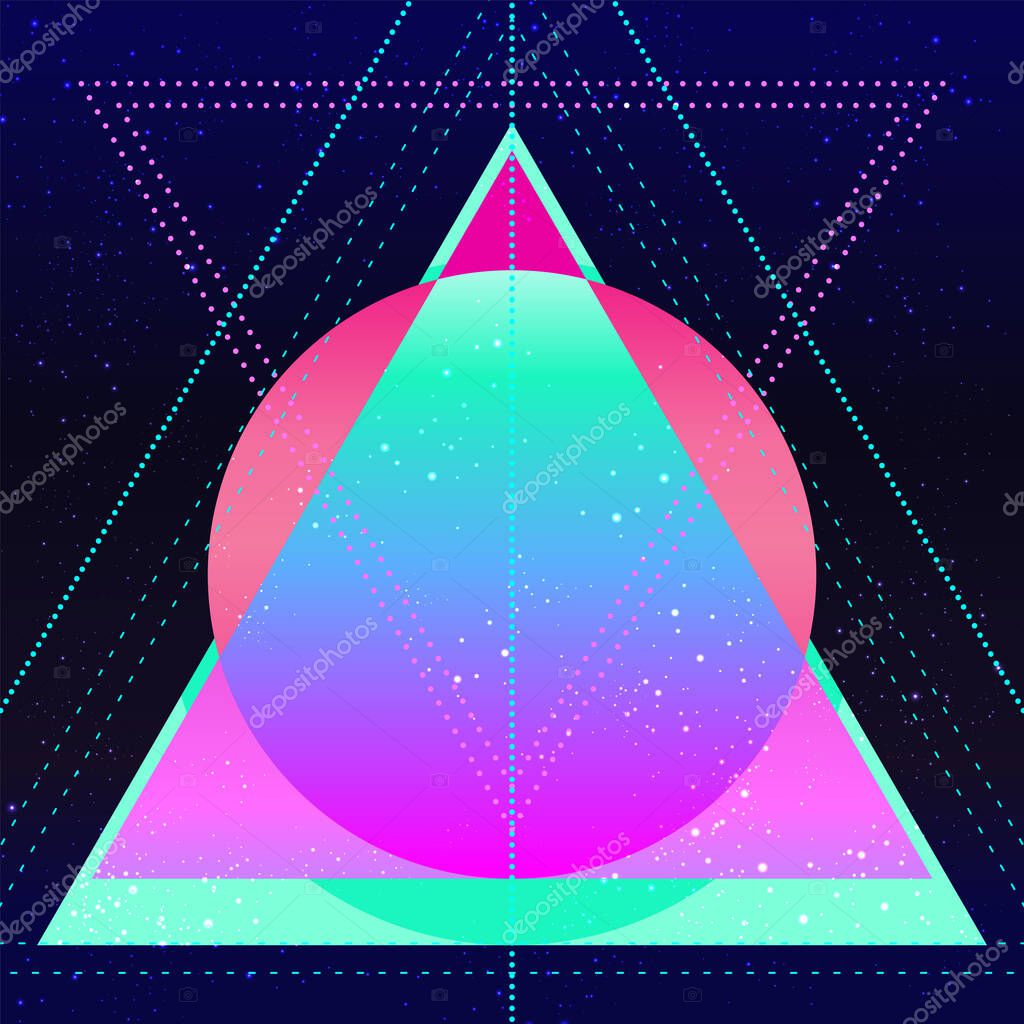 Retro futurism. Vintage 80s or 90s geometric style abstract background. Good design for textile t-shirt print design, flyer and poster background. Futuristic vector illustration in bright neon colors.