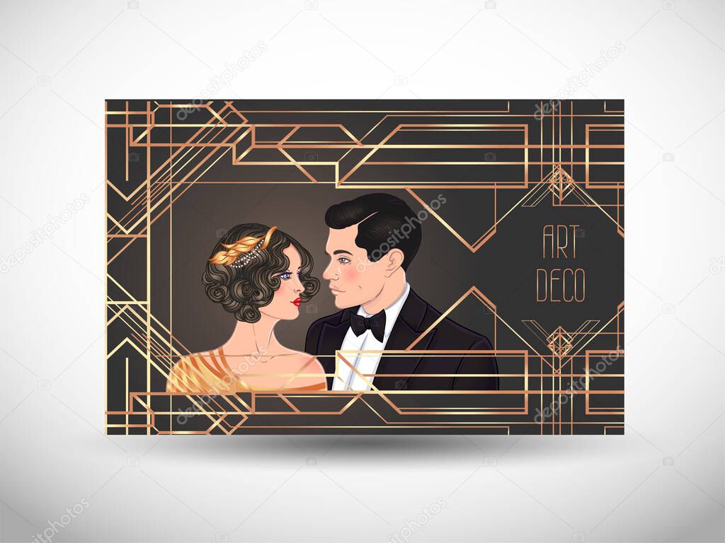 Art Deco vintage invitation template design with illustration of flapper girl. patterns and frames. Retro party background set