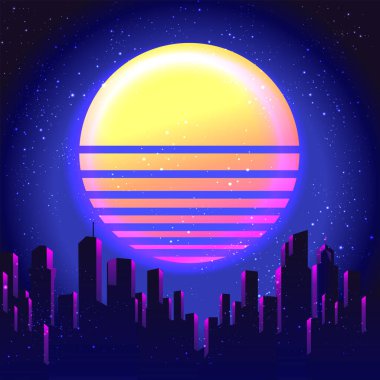 Vektör fütüristik sentetik dalga çizimi. Night City Skyline 'lı 80' lerin Retro posterleri. Çılgın parti Flyer tasarım şablonu