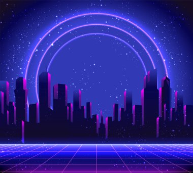 Retro Futurism. Vector futuristic synth wave illustration. 80s Retro poster Background with Night City Skyline. Rave party Flyer design template