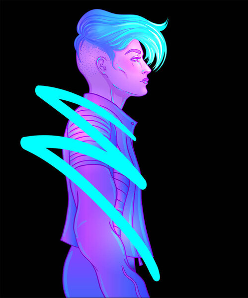 Портрет молодой красивой андрогинной женщины с коротко выбритой пикси, подстриженной в стиле ретро футуризма. Векторная иллюстрация в неоновых ярких цветах. Синие короткие волосы. футуристическая синтетическая волна

