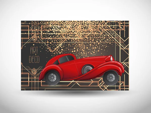 Diseño de plantilla de invitación vintage Art Deco con ilustración de un coche rojo. Ilustración vectorial. Veinte rugientes. Automóvil clásico, lujo — Vector de stock