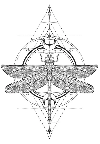 Dragonfly over sacred geometry sign, isolated vector illustration. Tattoo sketch. Mystical symbols and insects. Alchemy, occultism, spirituality, coloring book. — Stock Vector