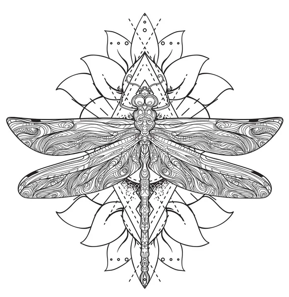 Dragonfly peste semnul geometriei sacre, ilustrație vectorială izolată. Schiţă de tatuaje. Simboluri mistice şi insecte. Alchimie, ocultism, spiritualitate, carte de colorat . — Vector de stoc