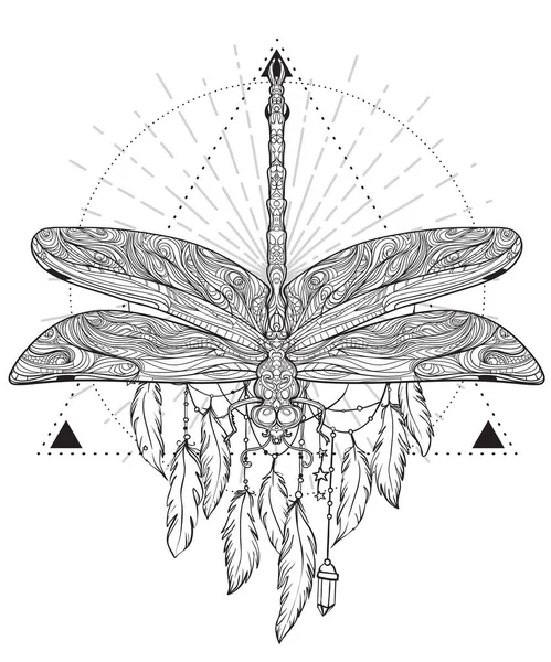 Vážka nad posvátnou geometrií, izolovaná vektorová ilustrace. Tattoo skica. Mystické symboly a hmyz. Alchymie, okultismus, spiritualita, omalovánky. — Stockový vektor