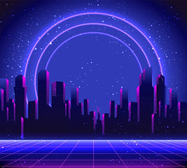 Retro Futurism. Vector futuristic synth wave illustration. 80s Retro poster Background with Night City Skyline. Rave party Flyer design template — Wektor stockowy