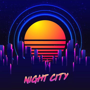 Vektör fütüristik sentetik dalga çizimi. Night City Skyline 'lı 80' lerin Retro posterleri. Çılgın parti Flyer tasarım şablonu