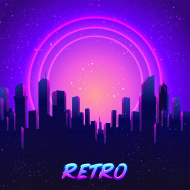 Vektör fütüristik sentetik dalga çizimi. Night City Skyline 'lı 80' lerin Retro posterleri. Çılgın parti Flyer tasarım şablonu