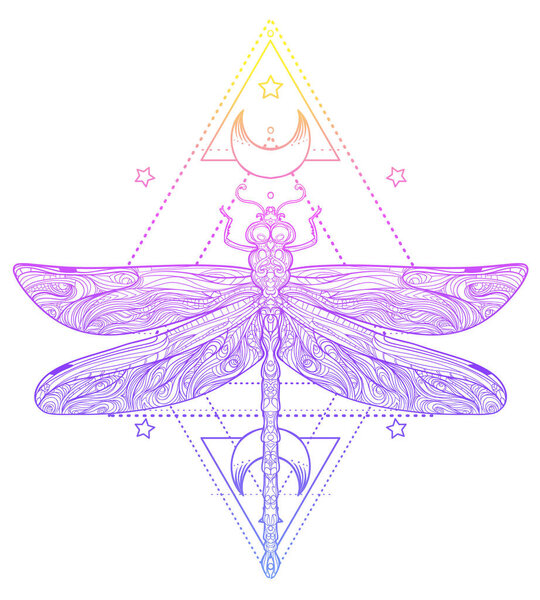 Стрекоза над знаком сакральной геометрии, изолированная векторная иллюстрация. Эскиз татуировки. Мистические символы и насекомые. Алхимия, оккультизм, духовность, раскраска
.