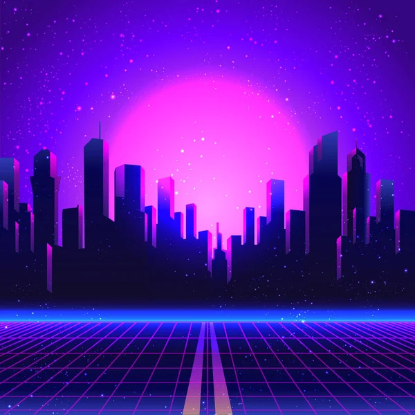 Vektor futuristische Synthesizerwellen-Illustration. 80er Jahre Retro-Poster Hintergrund mit Night City Skyline. Rave Party Flyer Design-Vorlage — Stockvektor