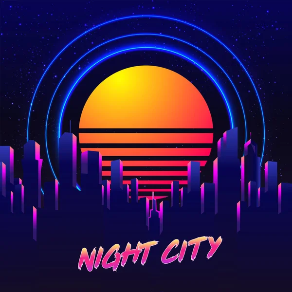 Vektör fütüristik sentetik dalga çizimi. Night City Skyline 'lı 80' lerin Retro posterleri. Çılgın parti Flyer tasarım şablonu — Stok Vektör