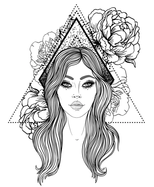 Portrait of a young girl with peonies in her hair. Hand drawn vector fashion illustration black outlines isolated on white. Female portrait or magic fairy. Fantasy, tattoo design. — Stock Vector