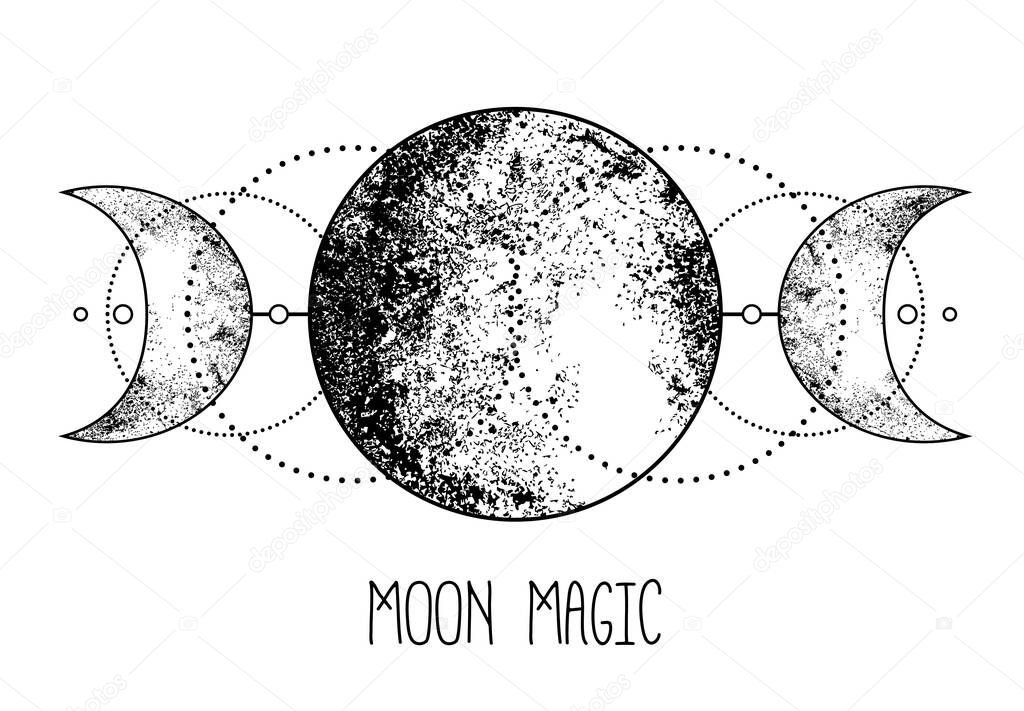 Triple moon pagan Wicca moon goddess symbol. Three-faced Goddess. Maiden, Mother, Crone vector illustration. Tattoo, astrology, alchemy, boho and magic symbol.
