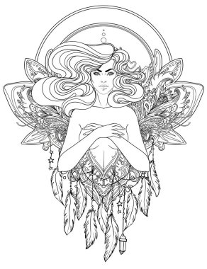 Tatlı peri elf. Uzun saçlı genç bir kadının portresi. Peri pagan prensesi. Vektör izole illüstrasyon. Fantezi, maneviyat, okültizm, dövme. Çıkartma tasarımı.