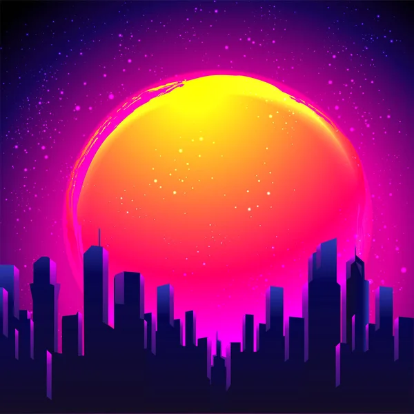 Illustrazione futuristica di onde sintetiche vettoriali. Sfondo poster anni '80 Retro con Night City Skyline. Rave partito Volantino modello di design — Vettoriale Stock