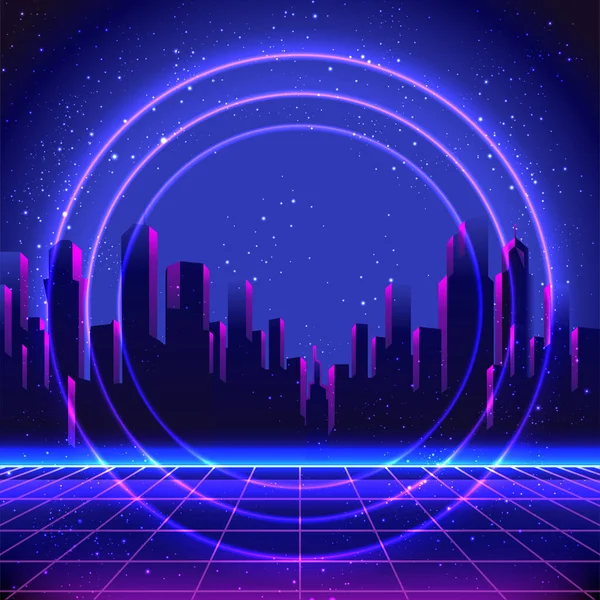 Retro Futurism. Vector futuristic synth wave illustration. 80s Retro poster Background with Night City Skyline. Rave party Flyer design template — Stockvektor