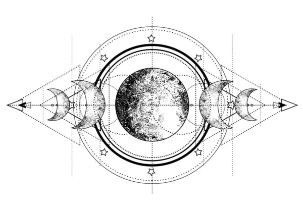 Tripla lua pagã símbolo da deusa da lua Wicca. Deusa de três caras. Donzela, Mãe, Crone ilustração vetorial. Tatuagem, astrologia, alquimia, boho e símbolo mágico . — Vetor de Stock