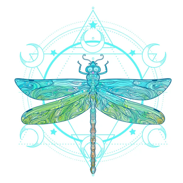Dragonfly over heilige geometrie teken, geïsoleerde vector illustratie. Tattoo schets. Mystieke symbolen en insecten. Alchemie, occultisme, spiritualiteit, kleurboek. — Stockvector