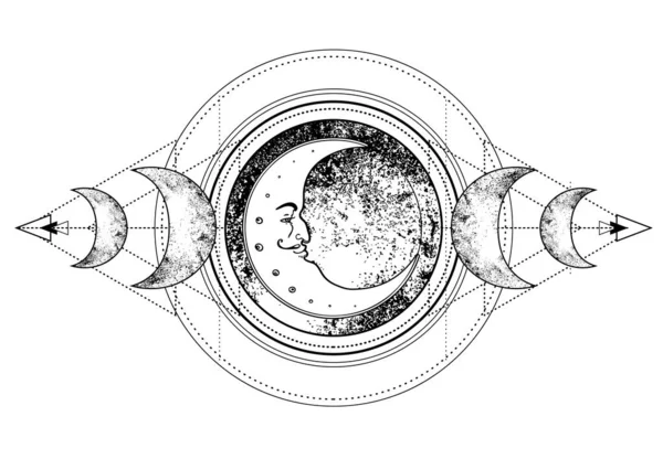 Triple luna pagana Wicca símbolo de la diosa luna. Diosa de tres caras. Doncella, madre, ilustración vectorial de la corona. Tatuaje, astrología, alquimia, boho y símbolo mágico . — Archivo Imágenes Vectoriales