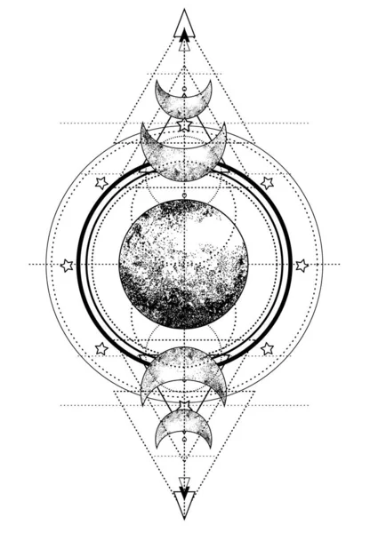 Triple moon pagan Wicca moon goddess symbol. Three-faced Goddess. Maiden, Mother, Crone vector illustration. Tattoo, astrology, alchemy, boho and magic symbol. — стоковий вектор