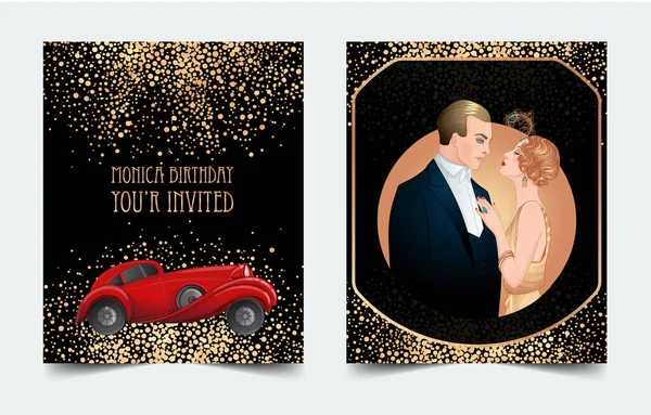 Beautiful couple in art deco style dancing tango. Retro fashion glamour man and woman of twenties and red car. Vector illustration. Roaring Twenties. Classic automobile, — Wektor stockowy