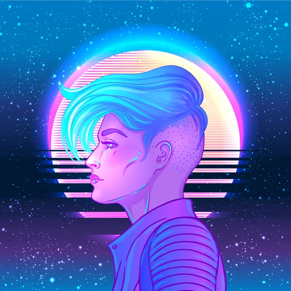 Porträt einer jungen hübschen androgynen Frau mit kurz rasiertem Pixie-Undercut im Retro-Futurismus-Stil. Vektor-Illustration in neonfarbenen Farben. Blaue kurze Haare. futuristische Synthesizer-Welle — Stockvektor