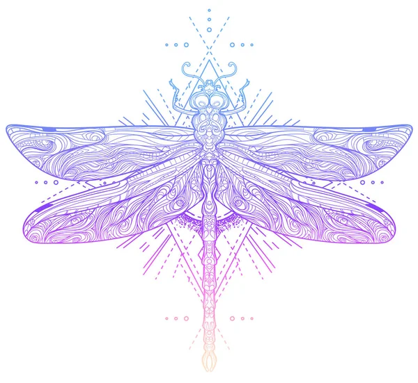 Dragonfly over heilige geometrie teken, geïsoleerde vector illustratie. Tattoo schets. Mystieke symbolen en insecten. Alchemie, occultisme, spiritualiteit, kleurboek. — Stockvector