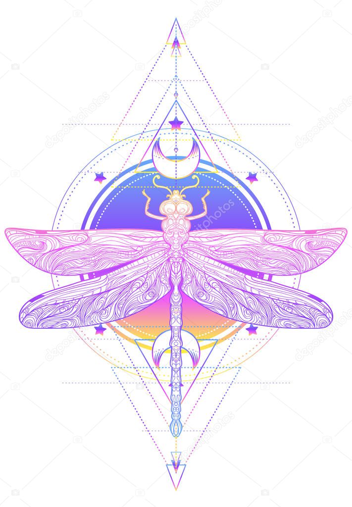 Dragonfly over sacred geometry sign, isolated vector illustration. Tattoo sketch. Mystical symbols and insects. Alchemy, occultism, spirituality, coloring book.