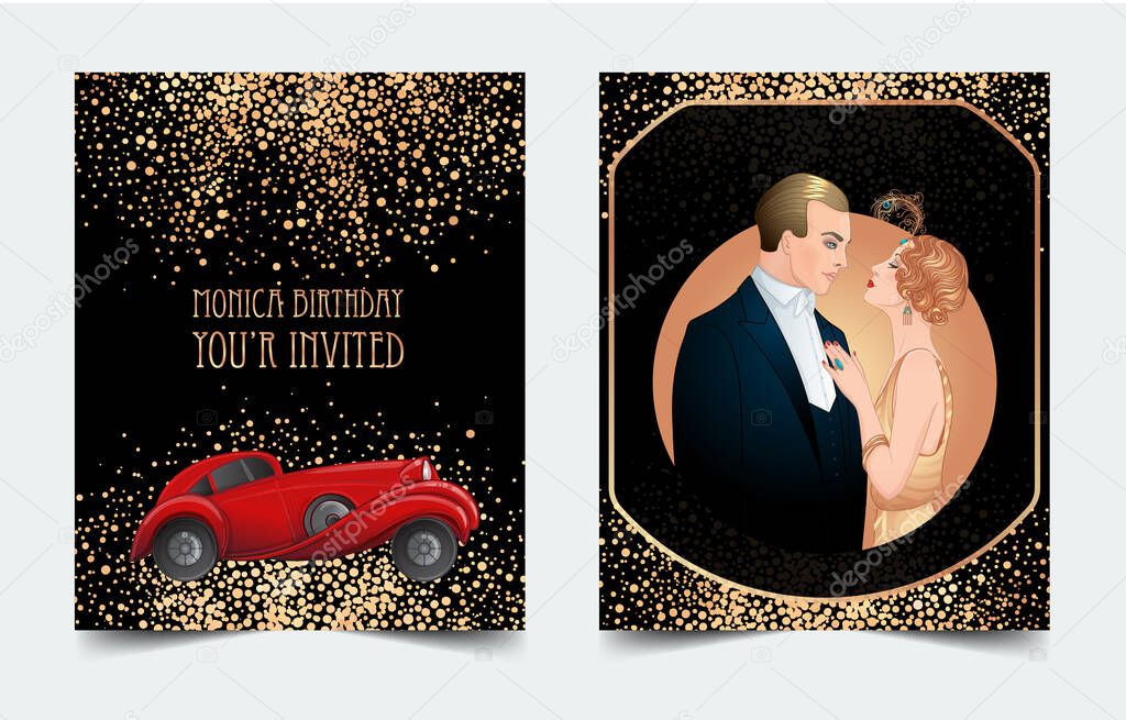 Beautiful couple in art deco style dancing tango. Retro fashion glamour man and woman of twenties and red car. Vector illustration. Roaring Twenties. Classic automobile,
