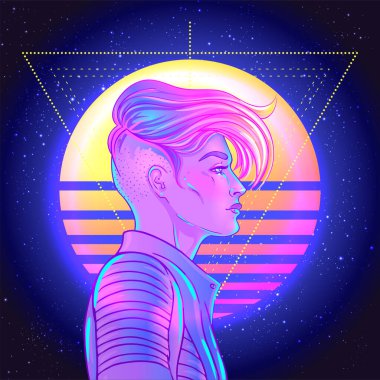 Geçmişe dönük kısa traşlı peri desenli, çift cinsiyetli genç bir kadının portresi. Neon renkli vektör illüstrasyonu. Mavi kısa saç. Gelecekçi sentetik dalga