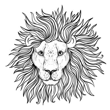 Süslü aslan başı. Afrikalı, Hintli, totem, dövme, çıkartma tasarımı. Tişört tasarımı, çanta, kartpostal ve posterler. Vektör izole illüstrasyon. Zodyak işareti Leo.