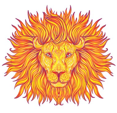 Süslü aslan başı. Afrikalı, Hintli, totem, dövme, çıkartma tasarımı. Tişört tasarımı, çanta, kartpostal ve posterler. Vektör izole illüstrasyon. Zodyak işareti Leo.