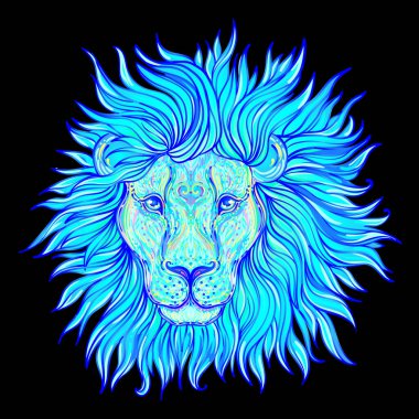 Süslü aslan başı. Afrikalı, Hintli, totem, dövme, çıkartma tasarımı. Tişört tasarımı, çanta, kartpostal ve posterler. Vektör izole illüstrasyon. Zodyak işareti Leo.