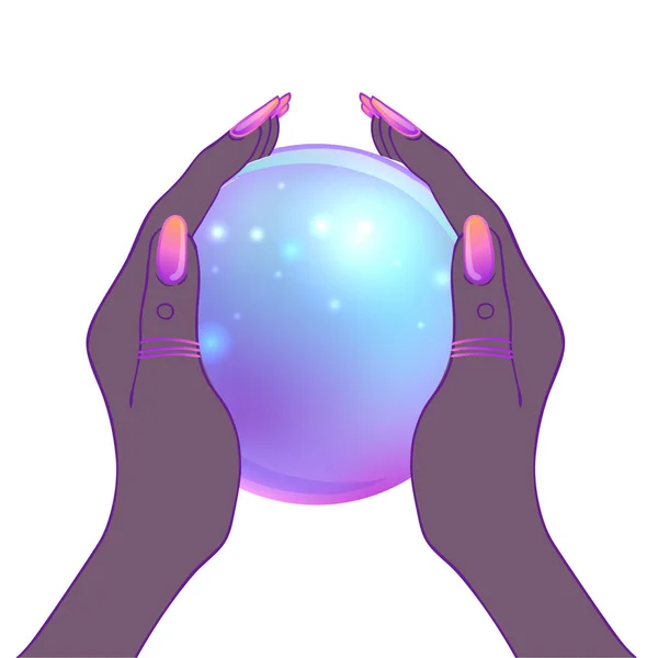Mains féminines tenant Magic Crystal Ball isolées sur blanc. Illustration vectorielle mignon effrayant. Design gothique, symbole magicien mystique, couleurs pastel. Raconter futur — Image vectorielle