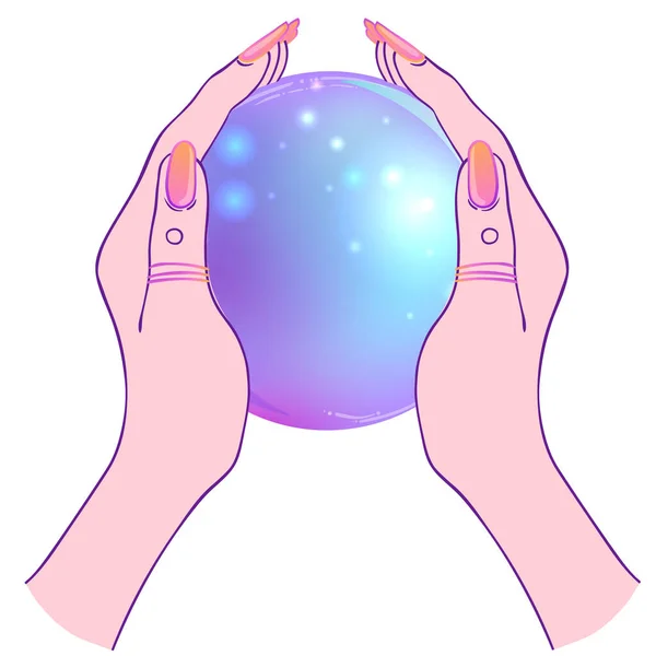 Női kéz kezében Magic Crystal Ball elszigetelt fehér. Hátborzongató aranyos vektor illusztráció. Gótikus design, misztikus bűvész szimbólum, pasztell színek. Jövőbeli tájékoztatás — Stock Vector