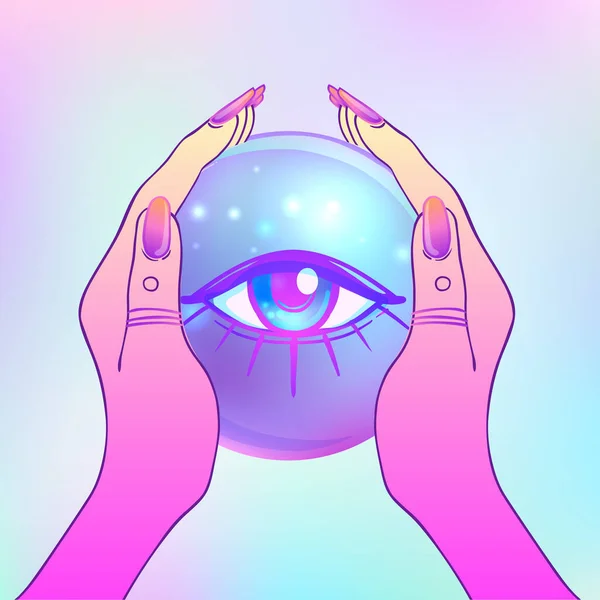 Mano femenina sosteniendo Magic Crystal Ball aislada en blanco. Espeluznante ilustración vectorial lindo. Diseño gótico, símbolo místico mago, colores pastel. Futuro diciendo — Vector de stock